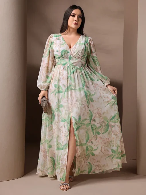 Plus Size Casual Elegant Floral Print Lantern Sleeve Dress