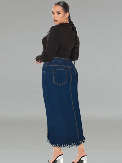 Plus Size Women's High Waist Washed Denim Slit Skirt - Image 2