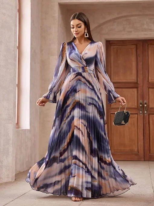 Elegant Boho V-Neck Ruffle Sleeve Printed Abaya Dress - Image 5