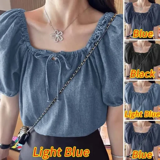 Women's Denim Puff Sleeve Square Neck Tunic Blouse