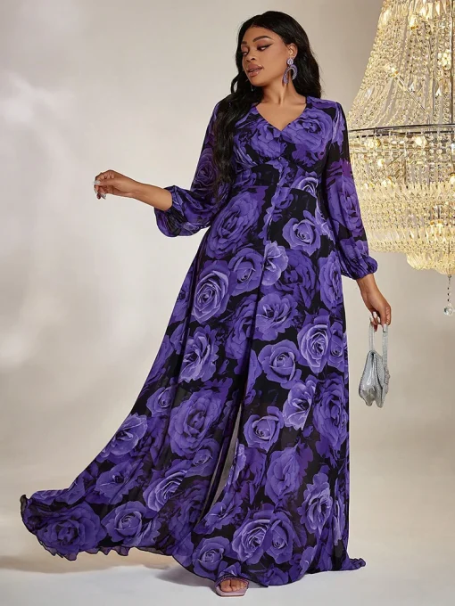 Plus Size Floral Print Split Thigh Chiffon Maxi Dress