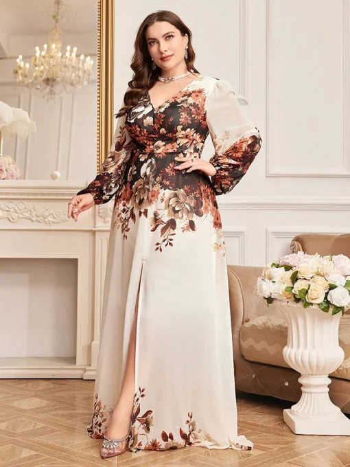 Luxury Plus Size V-Neck Floral Print Lantern Sleeve Party Dress - Image 5