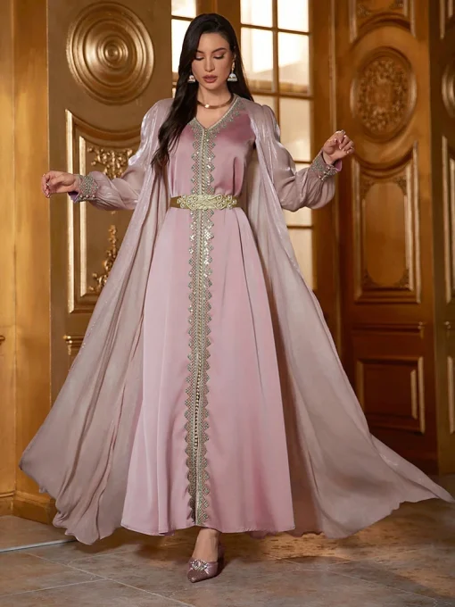 Luxury Elegant Floral Applique Long Sleeve Kaftan Party Dress - Image 6