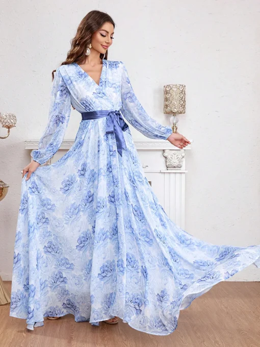 Casual Elegant V-Neck Lantern Sleeve Flower Printed Maxi Dress