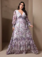 Plus Size Floral Print Lantern Sleeve V-Neck Long Dress