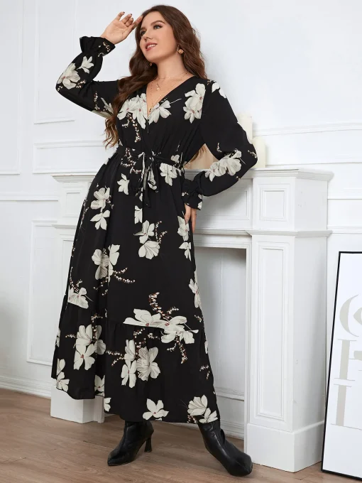 Elegant Plus Size V-Neck Linen Flower Party Dress - Image 4