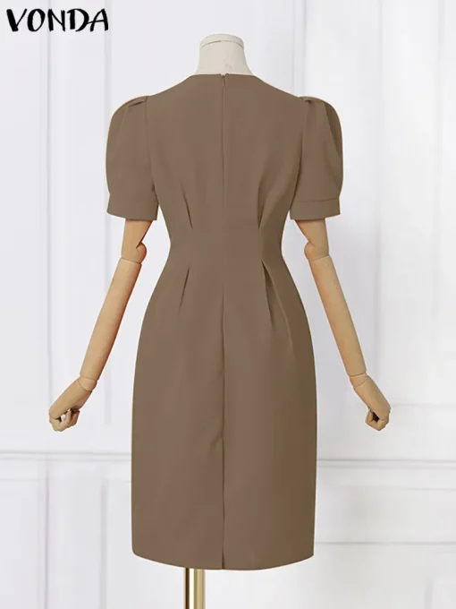 Women’s V-Neck Puff Sleeve Midi Office Dress - Image 4