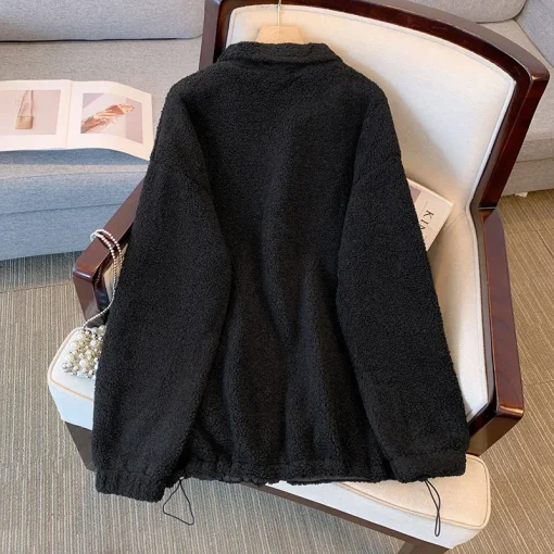 Plus Size Black Zipper Coat for Women Long Sleeve