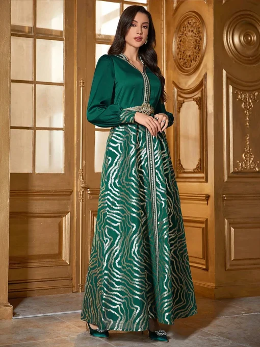 Women’s Floor-Length Retro Ethnic Dark Green Lantern Sleeve Dress - Image 5