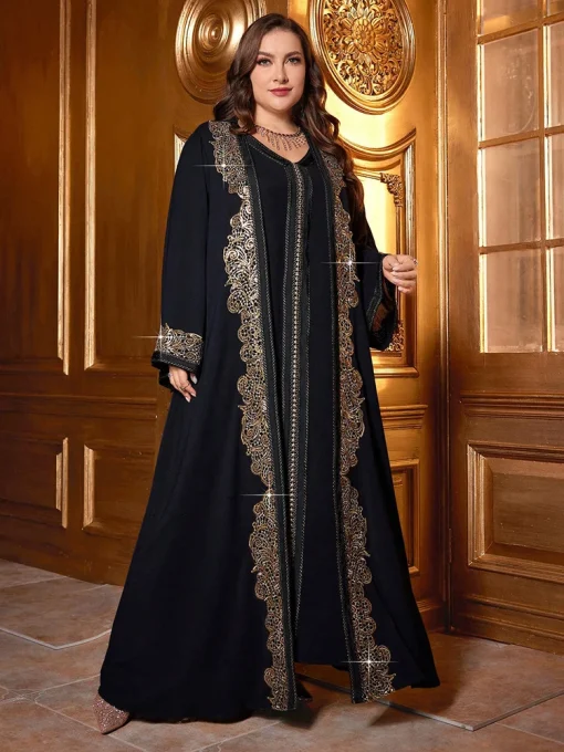 Plus Size Sequin Lace Flare Sleeve Coat with Dress