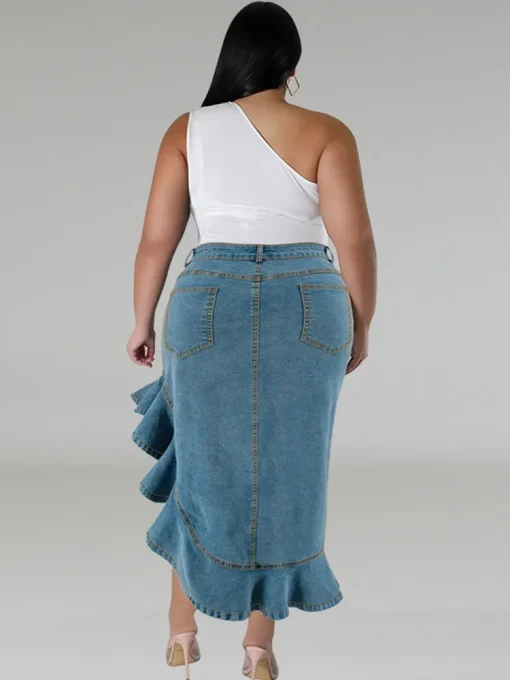 Plus Size Denim Midi Skirt with Front Slit - Image 3