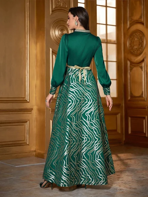 Women’s Floor-Length Retro Ethnic Dark Green Lantern Sleeve Dress - Image 2