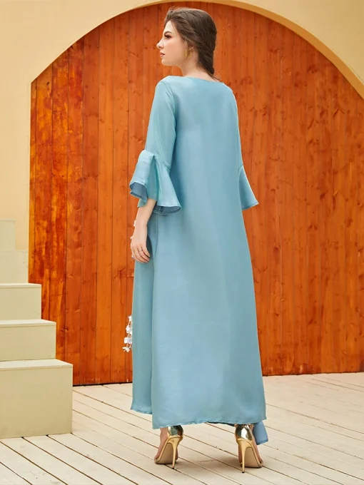 Beaded Floor-Length Dress with Trumpet Sleeves and Crew Neck - Image 2