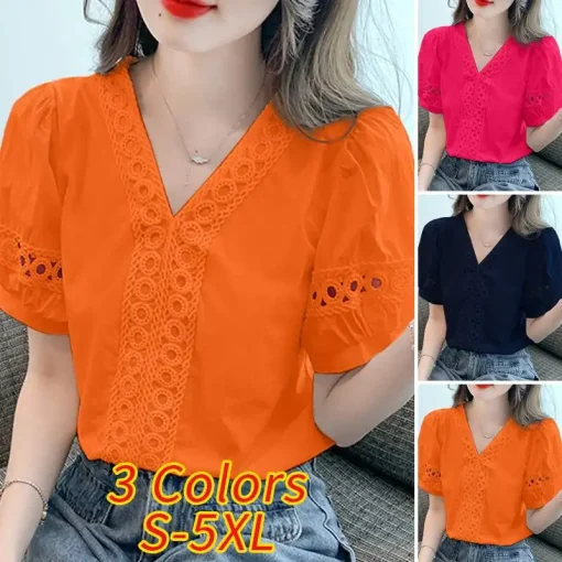 Elegant V-Neck Short Sleeve Casual Tunic Blouse