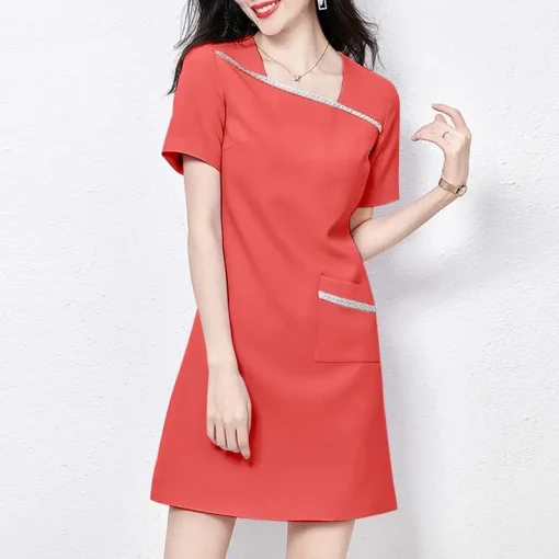 Elegant Solid Color Sundress Short Sleeve Asymmetrical Party Dress - Image 6