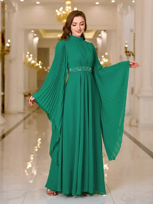 Luxury Women’s Pearl Embellished Batwing Sleeve Pleated Dress - Image 3