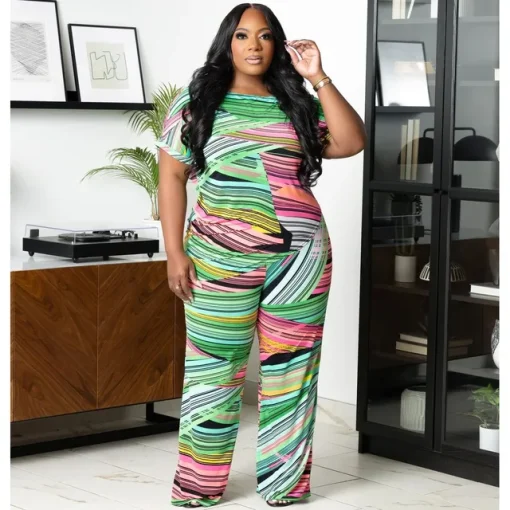 Plus Size Summer Matching Set Printed Top and Pants - Image 10