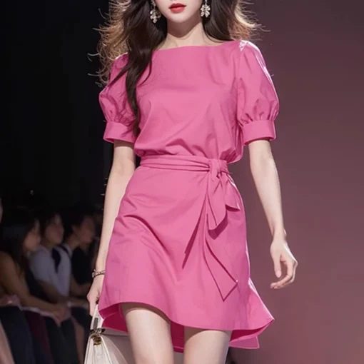 Women's Elegant Puff Sleeve Belted Mini Summer Dress - Image 5