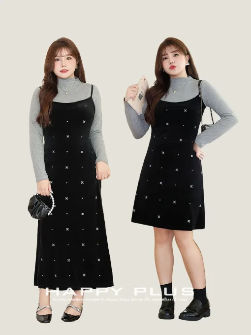 Women's Velour Embroidered A-Line Dress, Plus Size, Winter Style - Image 3