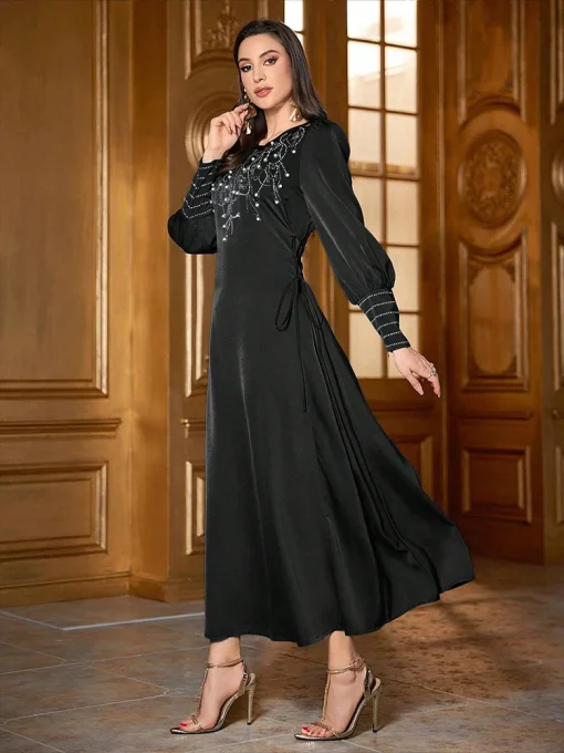 Women's Ankle-Length Slim Black Beaded Lantern Sleeve Dress - Image 4