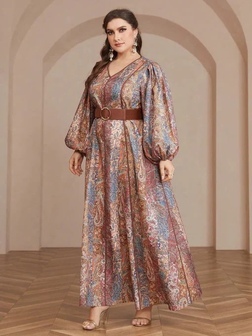 Plus Size Bohemian Belted Lantern Sleeve Paisley Print Dress - Image 4