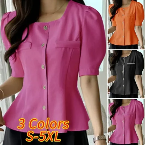 Women Solid Color Square Neck Summer Casual Blouse - Image 3