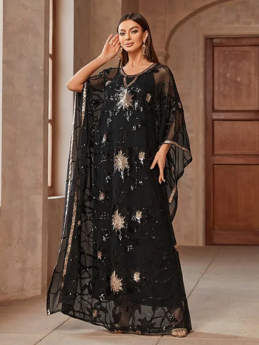 Luxury Sequin Mesh Batwing Sleeve Arabian Style Long Dress - Image 4