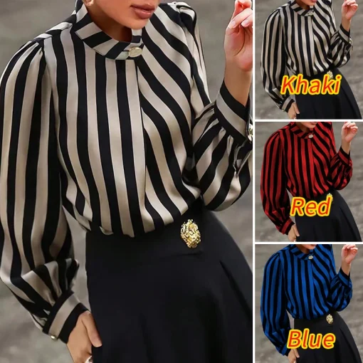 Plus Size Elegant Striped Lantern Sleeve Blouse for Women