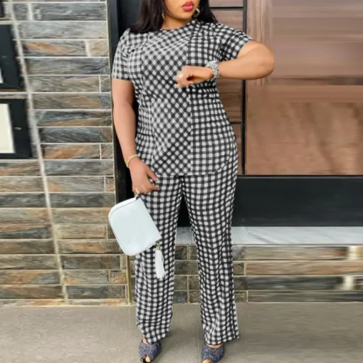 Plus Size Elegant Plaid 2-Piece Matching Pant Set