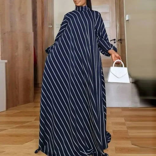 Elegant Striped Maxi Dress with Oversized Puff Sleeves - Image 6