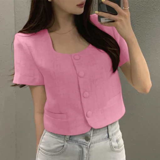 Elegant Summer Blouse with Square Collar and Short Sleeves - Image 5