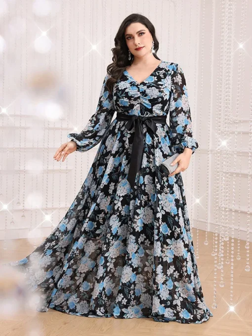 Plus Size Floral Print V-Neck Belted Lantern Sleeve Dress