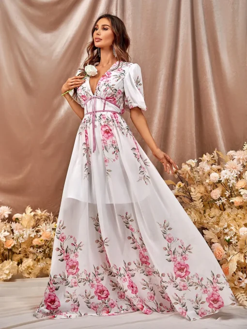 Women’s Floor-Length Floral Pleated High-Waist Elegant Dress - Image 3