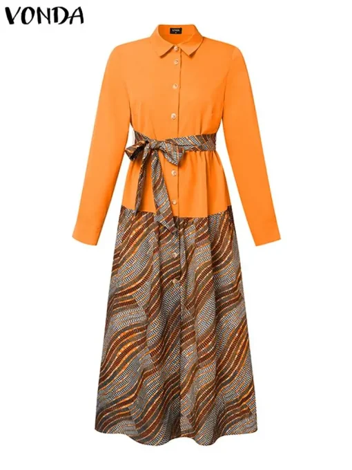 Casual Printed Maxi Dress with Buttons and Belt for Summer - Image 2