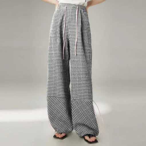 Elegant Plaid Wide Leg Trousers with Drawstring Detail - Image 6