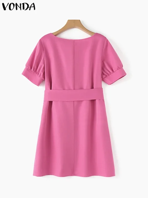 Women's Elegant Puff Sleeve Belted Mini Summer Dress - Image 3