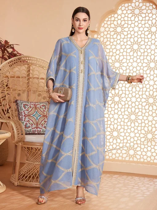 Women's Floor-Length Haze Blue Embroidered Sleeved Muslim Dress