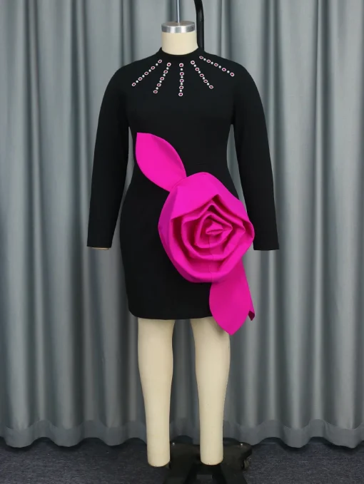 Elegant Black Mini Dress with Rose Bead Detail - Image 5