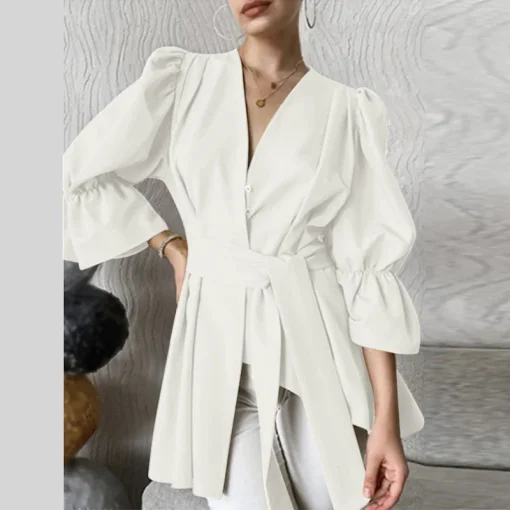 Elegant V-Neck Belted Flare Sleeve Autumn Blouses - Image 4