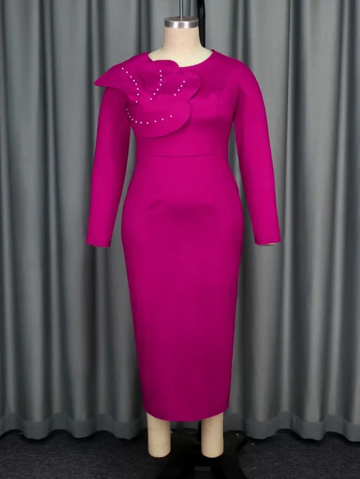 Modest Rose Shiny Bodycon Sheath Dress with Long Sleeves - Image 2