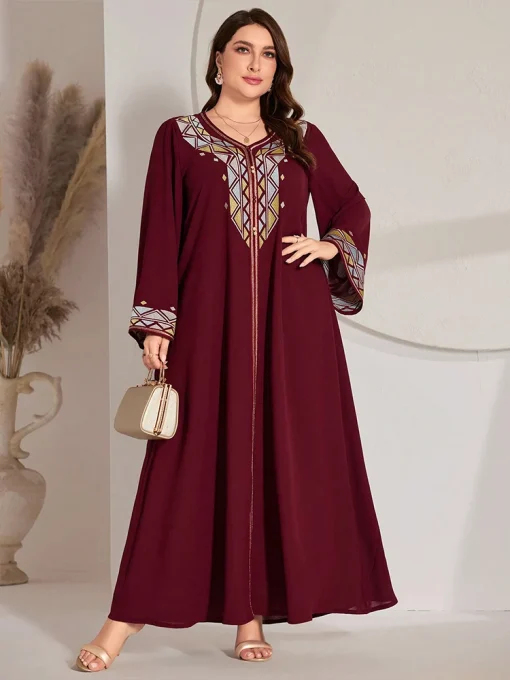 Plus-Size Women Embroidered V-neck Maxi Arab Ethnic Dress