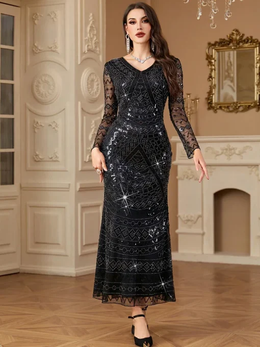 Elaborate Sequin Beaded Long Arabian Formal Evening Maxi Dress - Image 4