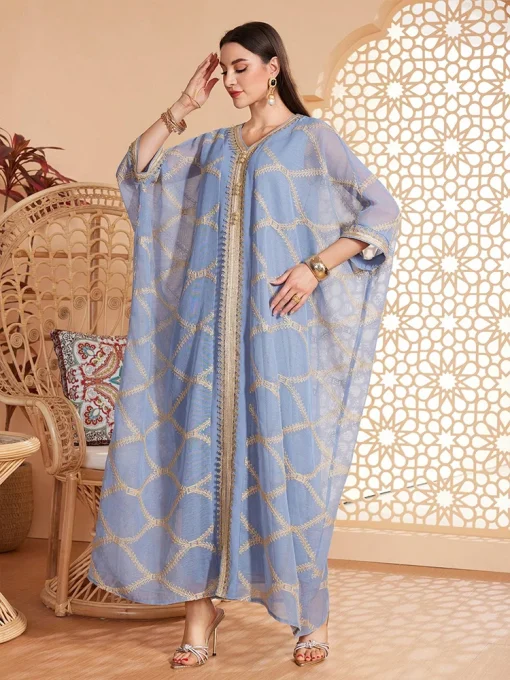 Women's Floor-Length Haze Blue Embroidered Sleeved Muslim Dress - Image 6