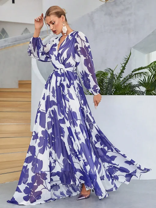 Bohemian Floral Print Lantern Sleeve Belted Maxi Dress - Image 2