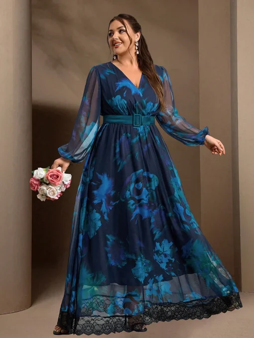 Casual Elegant Plus Size Floral Print Lantern Sleeve Maxi Dress - Image 6