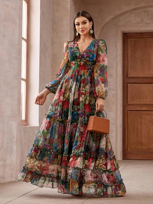 Casual Elegant Boho Floral Print Long Sleeve Summer Maxi Dress - Image 6