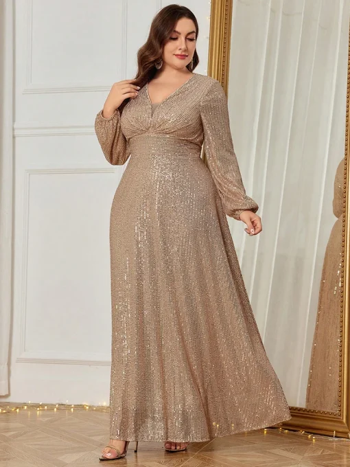 Luxury Plus Size V-Neck Lantern Sleeve Sequin Maxi Dress - Image 2