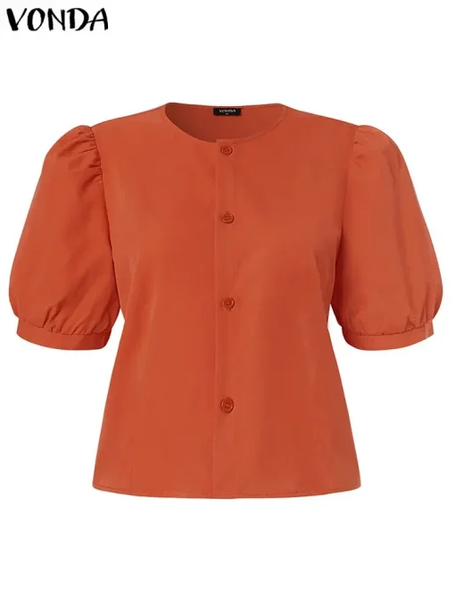 Casual Loose Pleated Short Sleeve Round Neck Blouse - Image 2