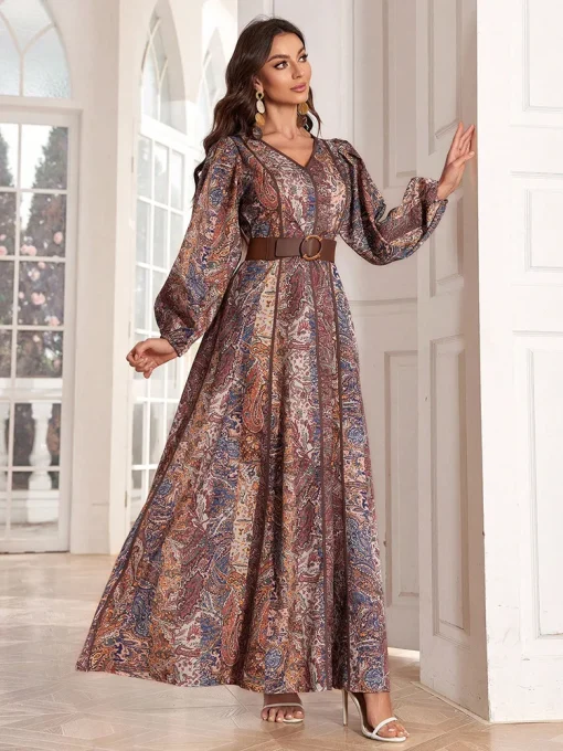 Elegant Arab Style Lantern Sleeve Caftan Paisley Print Dress - Image 3