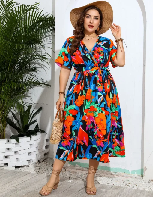 Plus Size Plaid Floral V-Neck A-Line Dress for Summer - Image 5